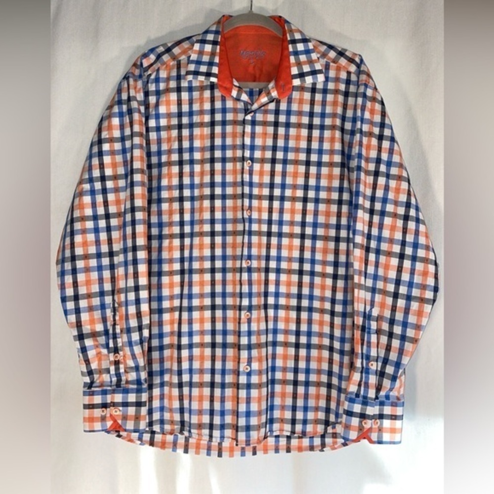 Marcello Sport Mens Blue Orange Plaid Long Sleeve Button Down Shirt Size L